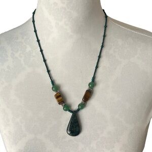 Artisan Gemstone Necklace with Green Aventurine, Tiger’s Eye & Teardrop Pendant